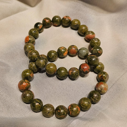 Natural Unakite ~ 10mm Gemstone Bead Stretch Bracelets
